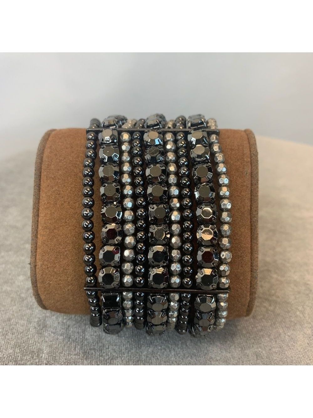 Silver black chrome beaded stretchy costume jewellery bracelet